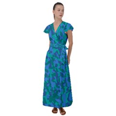 Blue Turquoise Teal Camouflage Pattern Flutter Sleeve Maxi Dress by SpinnyChairDesigns