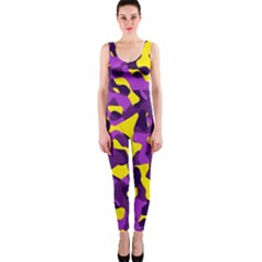 Purple And Yellow Camouflage Pattern One Piece Catsuit by SpinnyChairDesigns