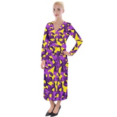 Purple And Yellow Camouflage Pattern Velvet Maxi Wrap Dress by SpinnyChairDesigns