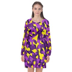 Purple And Yellow Camouflage Pattern Long Sleeve Chiffon Shift Dress  by SpinnyChairDesigns