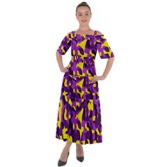 Purple And Yellow Camouflage Pattern Shoulder Straps Boho Maxi Dress  by SpinnyChairDesigns