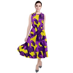 Purple And Yellow Camouflage Pattern Round Neck Boho Dress by SpinnyChairDesigns