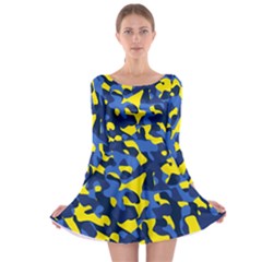 Blue And Yellow Camouflage Pattern Long Sleeve Skater Dress by SpinnyChairDesigns