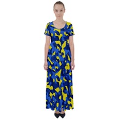 Blue And Yellow Camouflage Pattern High Waist Short Sleeve Maxi Dress by SpinnyChairDesigns