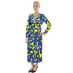 Blue And Yellow Camouflage Pattern Velvet Maxi Wrap Dress by SpinnyChairDesigns