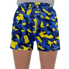 Blue And Yellow Camouflage Pattern Sleepwear Shorts by SpinnyChairDesigns