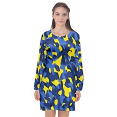 Blue And Yellow Camouflage Pattern Long Sleeve Chiffon Shift Dress  by SpinnyChairDesigns