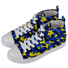 Blue And Yellow Camouflage Pattern Women s Mid-top Canvas Sneakers by SpinnyChairDesigns