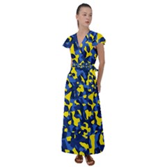 Blue And Yellow Camouflage Pattern Flutter Sleeve Maxi Dress by SpinnyChairDesigns