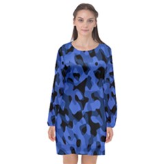 Black And Blue Camouflage Pattern Long Sleeve Chiffon Shift Dress  by SpinnyChairDesigns