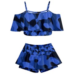 Black And Blue Camouflage Pattern Kids  Off Shoulder Skirt Bikini by SpinnyChairDesigns