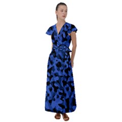 Black And Blue Camouflage Pattern Flutter Sleeve Maxi Dress by SpinnyChairDesigns