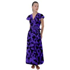 Purple Black Camouflage Pattern Flutter Sleeve Maxi Dress by SpinnyChairDesigns