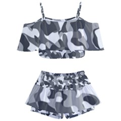 Grey And White Camouflage Pattern Kids  Off Shoulder Skirt Bikini by SpinnyChairDesigns