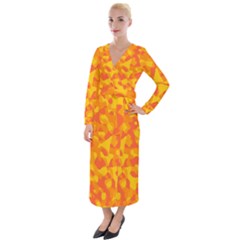 Orange And Yellow Camouflage Pattern Velvet Maxi Wrap Dress by SpinnyChairDesigns