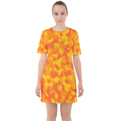 Orange And Yellow Camouflage Pattern Sixties Short Sleeve Mini Dress by SpinnyChairDesigns