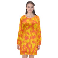 Orange And Yellow Camouflage Pattern Long Sleeve Chiffon Shift Dress  by SpinnyChairDesigns