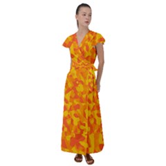 Orange And Yellow Camouflage Pattern Flutter Sleeve Maxi Dress by SpinnyChairDesigns