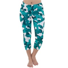 Teal And White Camouflage Pattern Capri Winter Leggings  by SpinnyChairDesigns