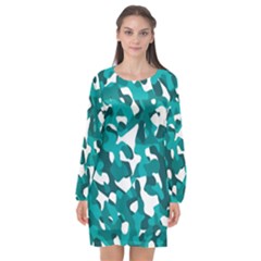 Teal And White Camouflage Pattern Long Sleeve Chiffon Shift Dress  by SpinnyChairDesigns