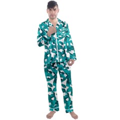 Teal And White Camouflage Pattern Men s Long Sleeve Satin Pyjamas Set by SpinnyChairDesigns