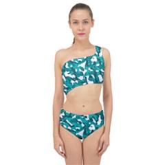 Teal And White Camouflage Pattern Spliced Up Two Piece Swimsuit by SpinnyChairDesigns