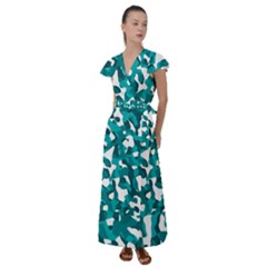 Teal And White Camouflage Pattern Flutter Sleeve Maxi Dress by SpinnyChairDesigns