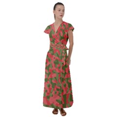 Pink And Green Camouflage Pattern Flutter Sleeve Maxi Dress by SpinnyChairDesigns