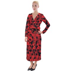 Red And Black Camouflage Pattern Velvet Maxi Wrap Dress by SpinnyChairDesigns