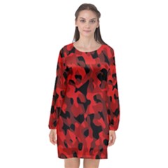 Red And Black Camouflage Pattern Long Sleeve Chiffon Shift Dress  by SpinnyChairDesigns