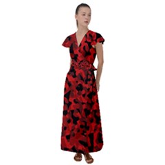 Red And Black Camouflage Pattern Flutter Sleeve Maxi Dress by SpinnyChairDesigns