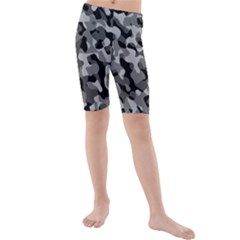 Grey And Black Camouflage Pattern Kids  Mid Length Swim Shorts by SpinnyChairDesigns