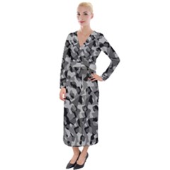 Grey And Black Camouflage Pattern Velvet Maxi Wrap Dress by SpinnyChairDesigns