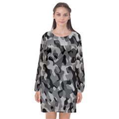 Grey And Black Camouflage Pattern Long Sleeve Chiffon Shift Dress  by SpinnyChairDesigns