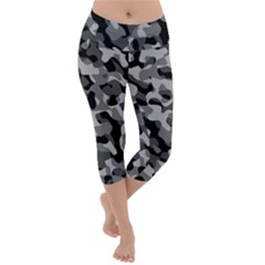 Grey And Black Camouflage Pattern Lightweight Velour Capri Yoga Leggings by SpinnyChairDesigns