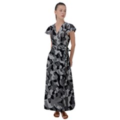 Grey And Black Camouflage Pattern Flutter Sleeve Maxi Dress by SpinnyChairDesigns