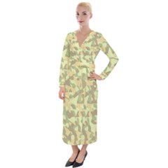 Light Green Brown Yellow Camouflage Pattern Velvet Maxi Wrap Dress by SpinnyChairDesigns