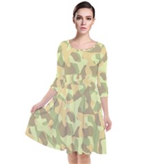 Light Green Brown Yellow Camouflage Pattern Quarter Sleeve Waist Band Dress by SpinnyChairDesigns