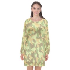 Light Green Brown Yellow Camouflage Pattern Long Sleeve Chiffon Shift Dress  by SpinnyChairDesigns