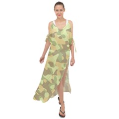 Light Green Brown Yellow Camouflage Pattern Maxi Chiffon Cover Up Dress by SpinnyChairDesigns