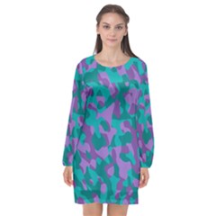 Purple And Teal Camouflage Pattern Long Sleeve Chiffon Shift Dress  by SpinnyChairDesigns