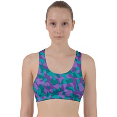 Purple And Teal Camouflage Pattern Back Weave Sports Bra by SpinnyChairDesigns