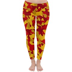 Red And Yellow Camouflage Pattern Classic Winter Leggings by SpinnyChairDesigns