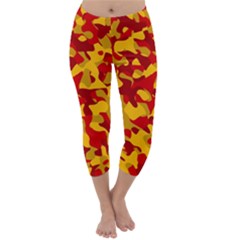 Red And Yellow Camouflage Pattern Capri Winter Leggings  by SpinnyChairDesigns