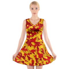 Red And Yellow Camouflage Pattern V-neck Sleeveless Dress by SpinnyChairDesigns