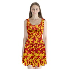 Red And Yellow Camouflage Pattern Split Back Mini Dress  by SpinnyChairDesigns