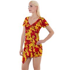 Red And Yellow Camouflage Pattern Short Sleeve Asymmetric Mini Dress by SpinnyChairDesigns