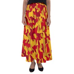 Red And Yellow Camouflage Pattern Flared Maxi Skirt by SpinnyChairDesigns