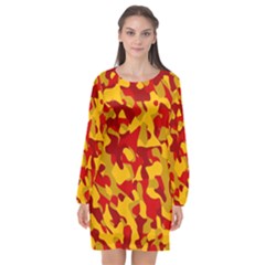 Red And Yellow Camouflage Pattern Long Sleeve Chiffon Shift Dress  by SpinnyChairDesigns