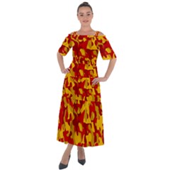 Red And Yellow Camouflage Pattern Shoulder Straps Boho Maxi Dress  by SpinnyChairDesigns